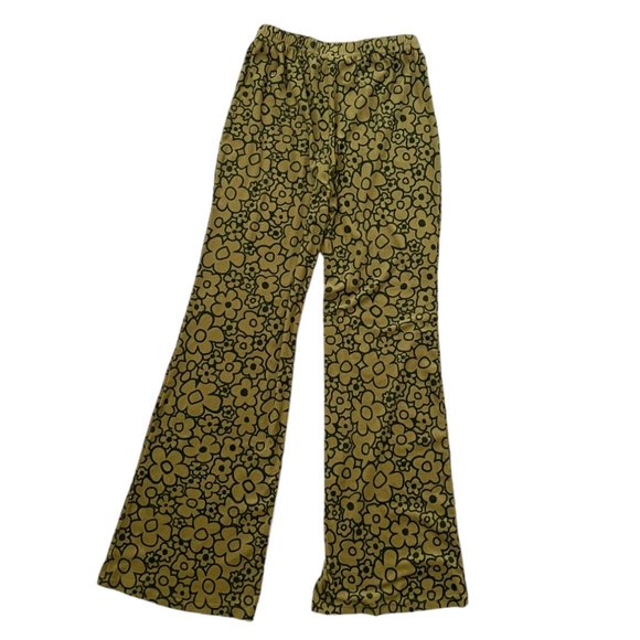 Cider Green Flower Velvet Wide-Leg Flare Pants Funky Retro 70s Loungewear Large - Picture 2 of 6